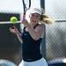 Saline High School #1 singles player Mary Hannah returns the ball over the net on Saturday, April 27. Daniel Brenner I AnnArbor.com